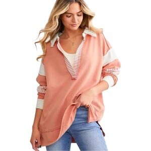 Free People Clean Prep Oversized Pullover Polo Sweatshirt  striped Peach Sz M